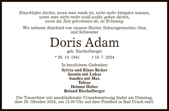 Anzeige von Doris Adam von Reutlinger General-Anzeiger