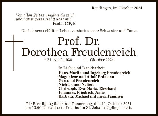 Anzeige von Dorothea Freudenreich von Reutlinger General-Anzeiger