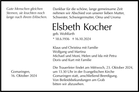 Anzeige von Elsbeth Kocher von Reutlinger General-Anzeiger