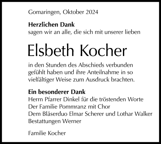 Anzeige von Elsbeth Kocher von Reutlinger General-Anzeiger