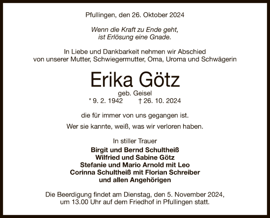 Anzeige von Erika Götz von Reutlinger General-Anzeiger