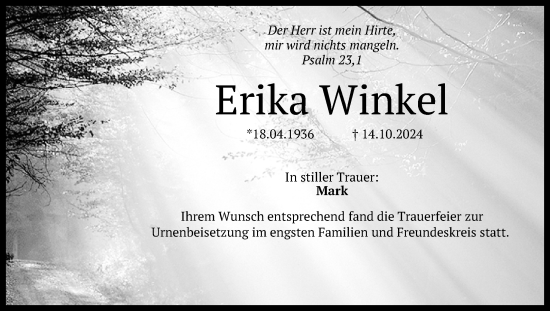 Anzeige von Erika Winkel von Reutlinger General-Anzeiger