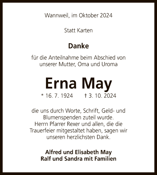 Anzeige von Erna May von Reutlinger General-Anzeiger