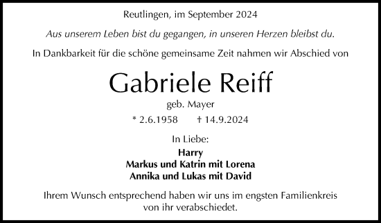 Anzeige von Gabriele Reiff von Reutlinger General-Anzeiger