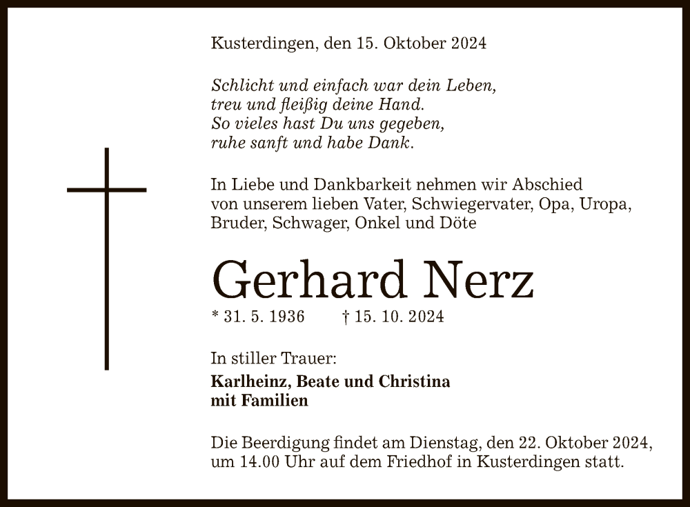  Traueranzeige für Gerhard Nerz vom 18.10.2024 aus Reutlinger General-Anzeiger