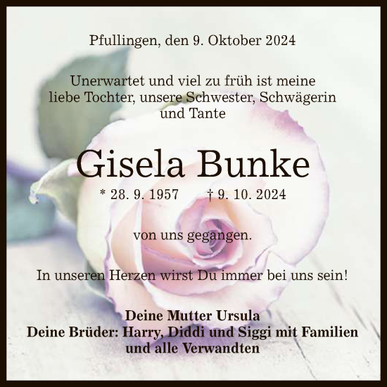 Anzeige von Gisela Bunke von Reutlinger General-Anzeiger