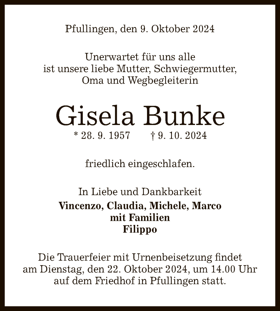  Traueranzeige für Gisela Bunke vom 12.10.2024 aus Reutlinger General-Anzeiger