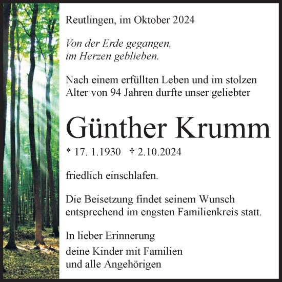 Anzeige von Günther Krumm von Reutlinger General-Anzeiger