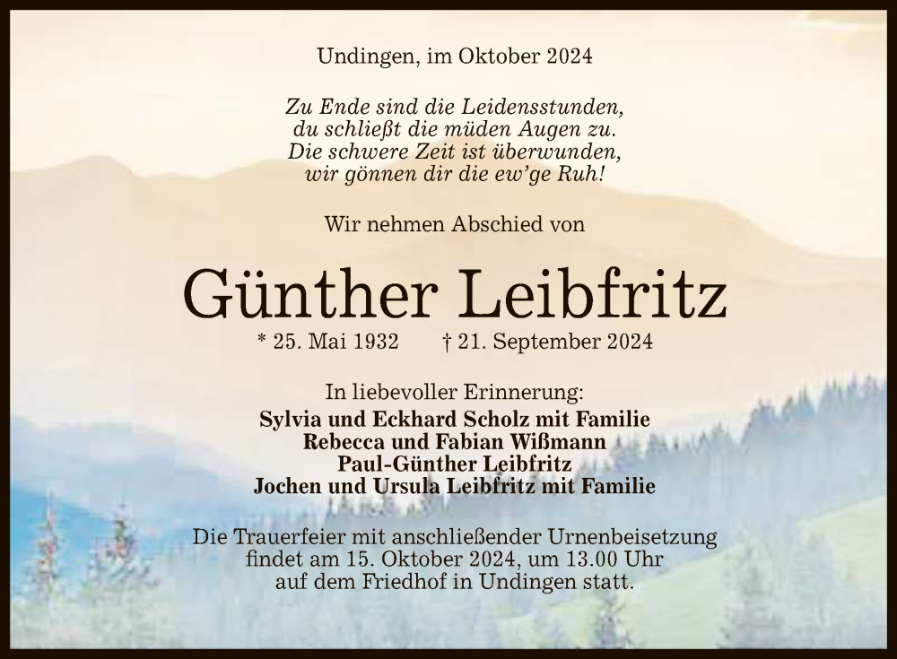  Traueranzeige für Günther Leibfritz vom 04.10.2024 aus Reutlinger General-Anzeiger