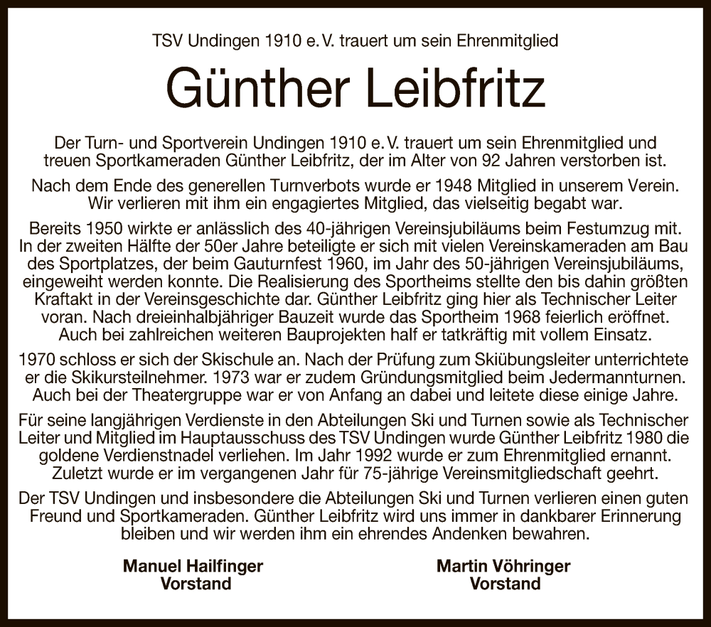  Traueranzeige für Günther Leibfritz vom 04.10.2024 aus Reutlinger General-Anzeiger