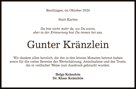 Anzeige von Gunter Kränzlein von Reutlinger General-Anzeiger