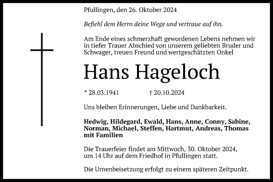 Anzeige von Hans Hageloch von Reutlinger General-Anzeiger