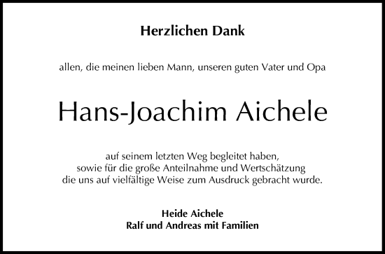 Anzeige von Hans-Joachim Aichele von Reutlinger General-Anzeiger