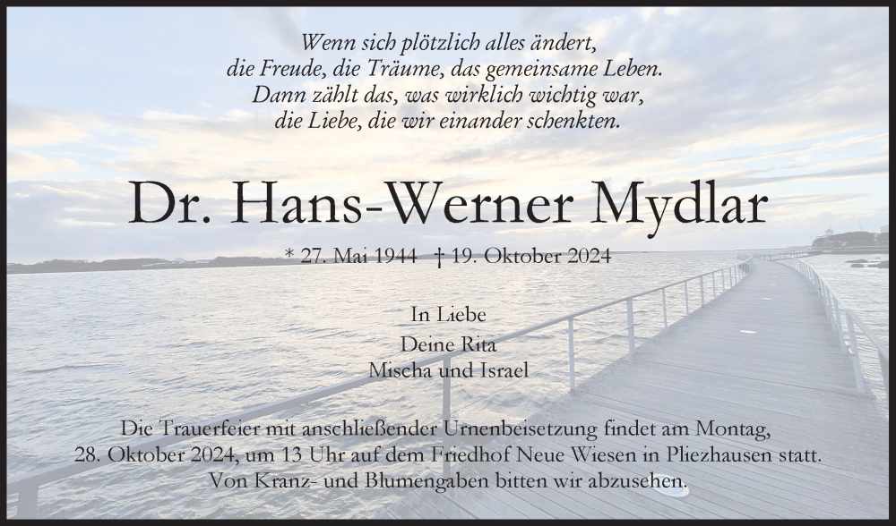  Traueranzeige für Hans-Werner Mydlar vom 23.10.2024 aus Reutlinger General-Anzeiger