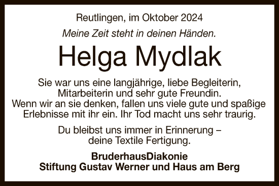 Anzeige von Helga Mydlak von Reutlinger General-Anzeiger