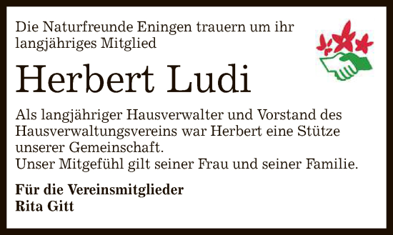 Anzeige von Herbert Ludi von Reutlinger General-Anzeiger