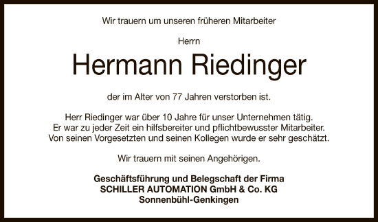 Anzeige von Hermann Riedinger von Reutlinger General-Anzeiger