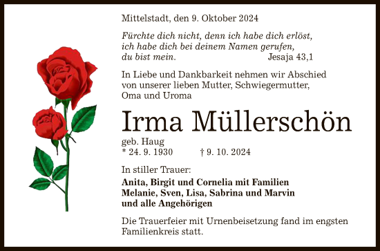 Anzeige von Irma Müllerschön von Reutlinger General-Anzeiger