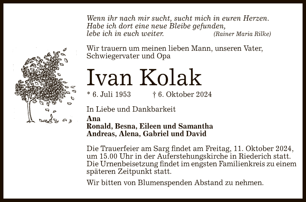  Traueranzeige für Ivan Kolak vom 09.10.2024 aus Reutlinger General-Anzeiger