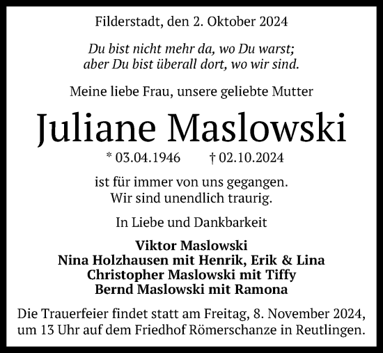 Anzeige von Juliane Maslowski von Reutlinger General-Anzeiger