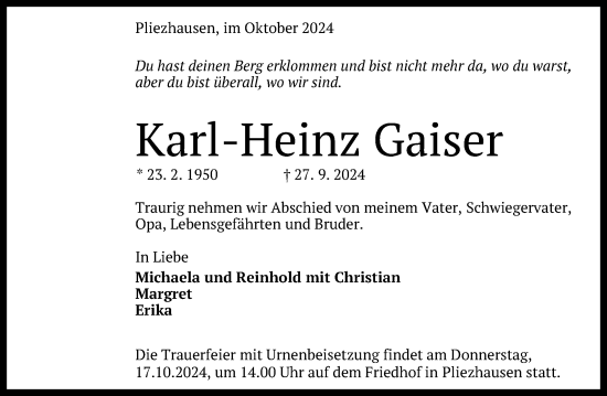 Anzeige von Karl-Heinz Gaiser von Reutlinger General-Anzeiger