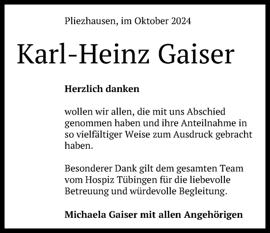 Anzeige von Karl-Heinz Gaiser von Reutlinger General-Anzeiger