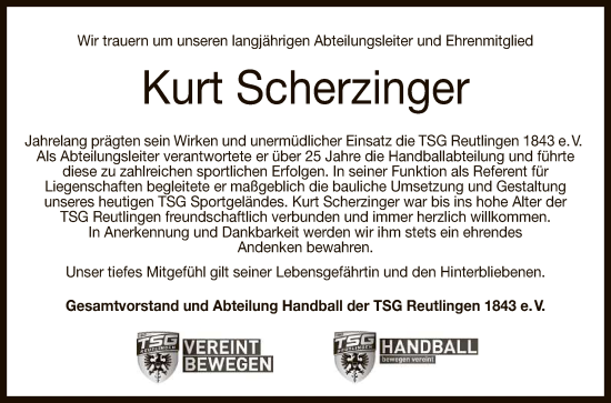 Anzeige von Kurt Scherzinger von Reutlinger General-Anzeiger