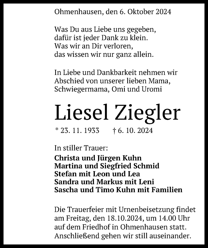  Traueranzeige für Liesel Ziegler vom 12.10.2024 aus Reutlinger General-Anzeiger