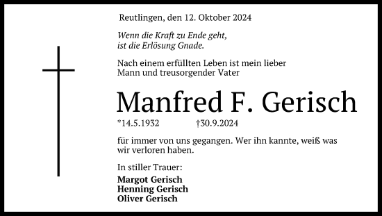 Anzeige von Manfred F. Gerisch von Reutlinger General-Anzeiger