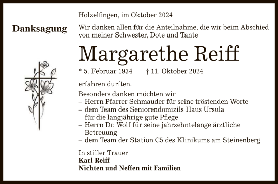 Anzeige von Margarethe Reiff von Reutlinger General-Anzeiger