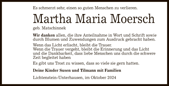 Anzeige von Martha Maria Moersch von Reutlinger General-Anzeiger