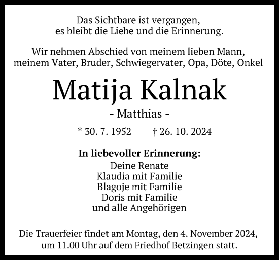 Anzeige von Matija Kalnak von Reutlinger General-Anzeiger