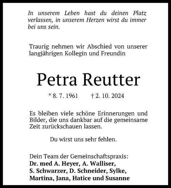 Anzeige von Petra Reutter von Reutlinger General-Anzeiger