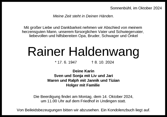 Anzeige von Rainer Haldenwang von Reutlinger General-Anzeiger