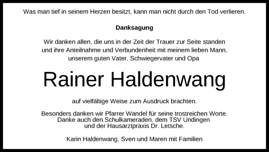 Anzeige von Rainer Haldenwang von Reutlinger General-Anzeiger