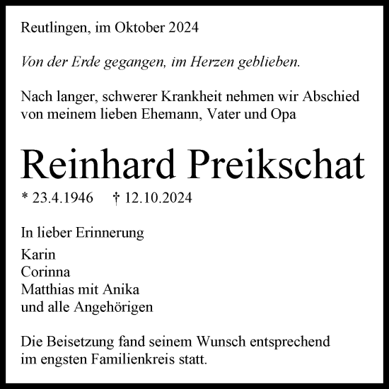 Anzeige von Reinhard Preikschat von Reutlinger General-Anzeiger