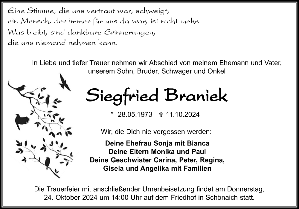  Traueranzeige für Siegfried Braniek vom 19.10.2024 aus Reutlinger General-Anzeiger