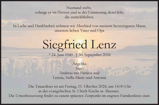 Anzeige von Siegfried Lenz von Reutlinger General-Anzeiger