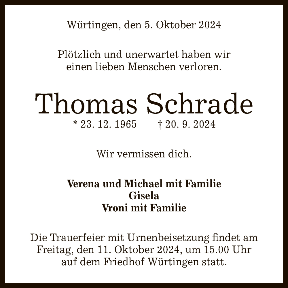  Traueranzeige für Thomas Schrade vom 05.10.2024 aus Reutlinger General-Anzeiger