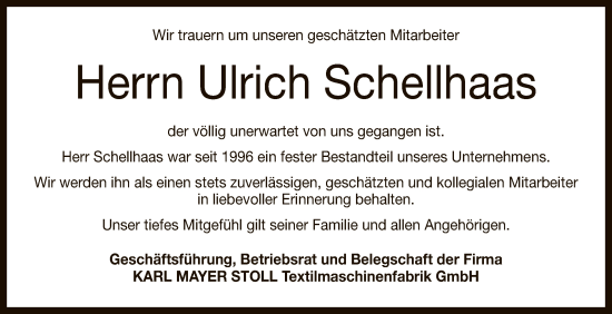 Anzeige von Ulrich Schellhaas von Reutlinger General-Anzeiger