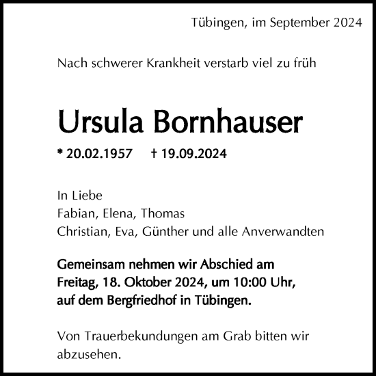 Anzeige von Ursula Bornhauser von Reutlinger General-Anzeiger