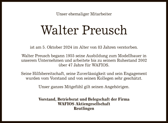 Anzeige von Walter Preusch von Reutlinger General-Anzeiger