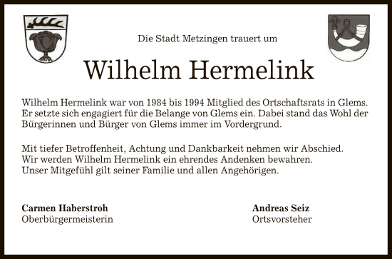 Anzeige von Wilhelm Hermelink von Reutlinger General-Anzeiger