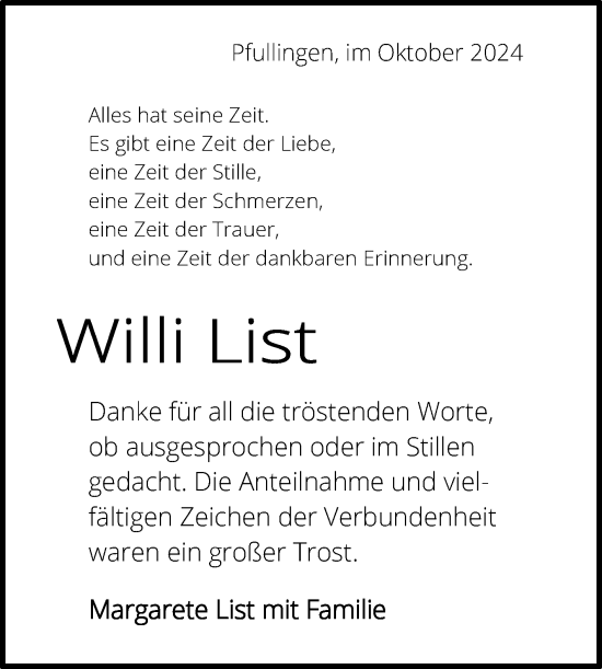 Anzeige von Willi List von Reutlinger General-Anzeiger