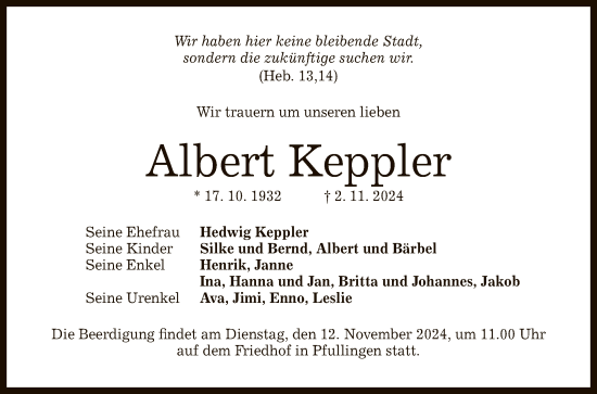 Anzeige von Albert Keppler von Reutlinger General-Anzeiger