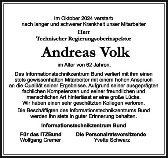 Anzeige von Andreas Volk von Reutlinger General-Anzeiger