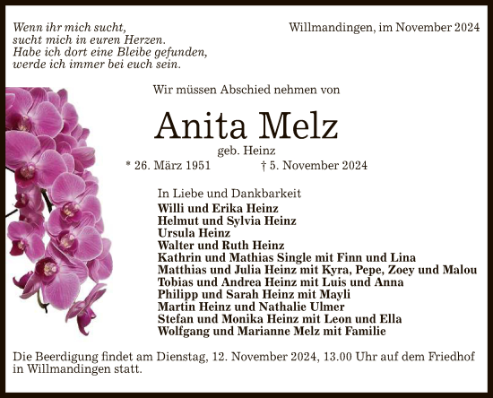 Anzeige von Anita Melz von Reutlinger General-Anzeiger