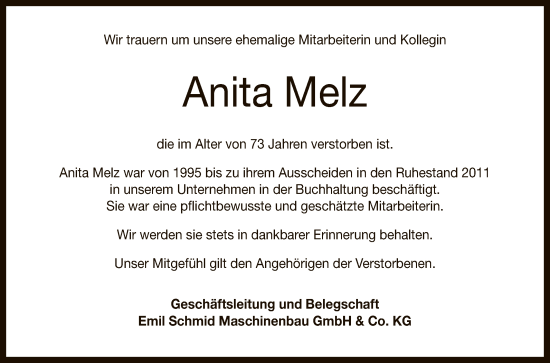 Anzeige von Anita Melz von Reutlinger General-Anzeiger