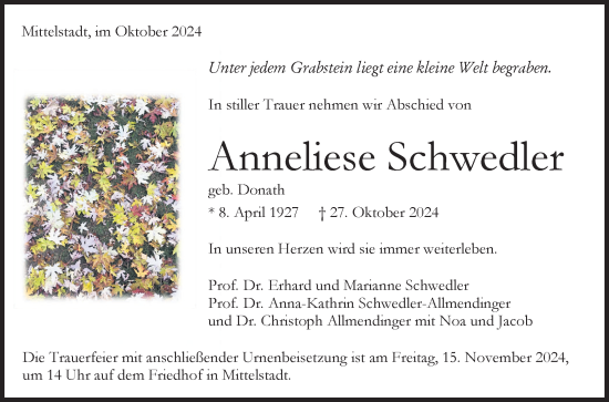 Anzeige von Anneliese Schwedler von Reutlinger General-Anzeiger