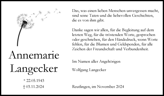 Anzeige von Annemarie Langecker von Reutlinger General-Anzeiger